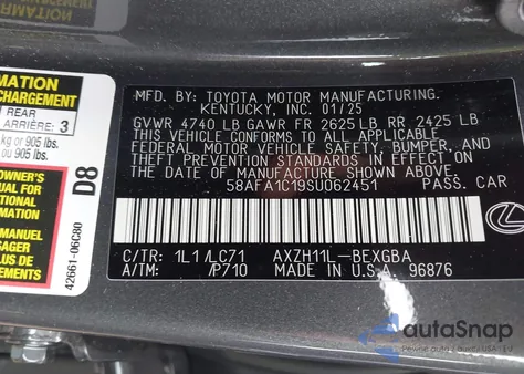 2025 Lexus Es 300H Ultra Luxury z USA, uszkodzony, nr VIN 58AFA1C19SU062451